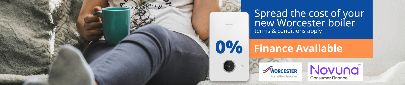 0% interest free credit available on Worcester boilers, lady on sofa holding cup